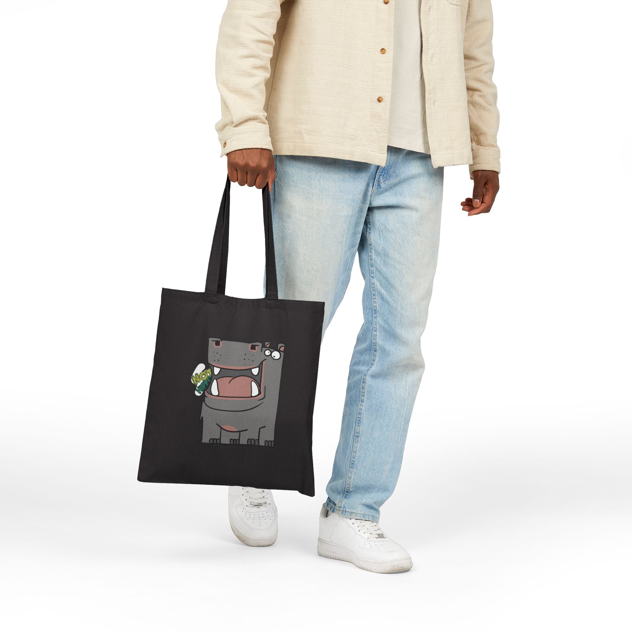 Hippo Cotton Canvas Tote Bag — Cute Cartoon 'Not Hippo' Eco Grocery Bag