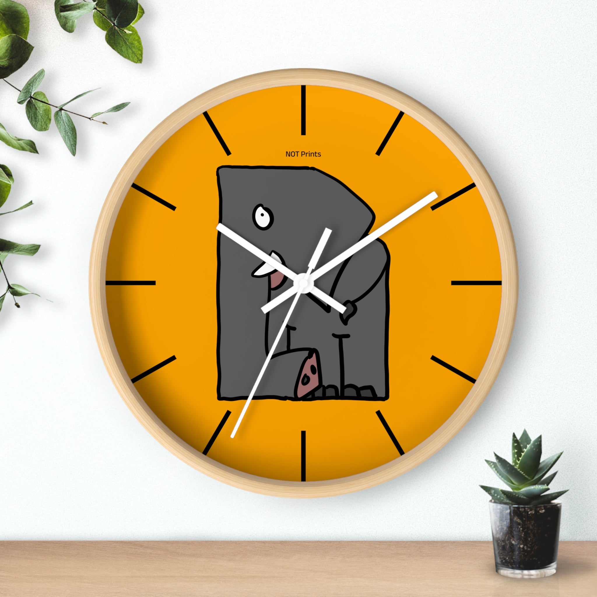 Elephant Cartoon Wall Clock — Cute Orange Nursery Clock with Playful Elephant Design