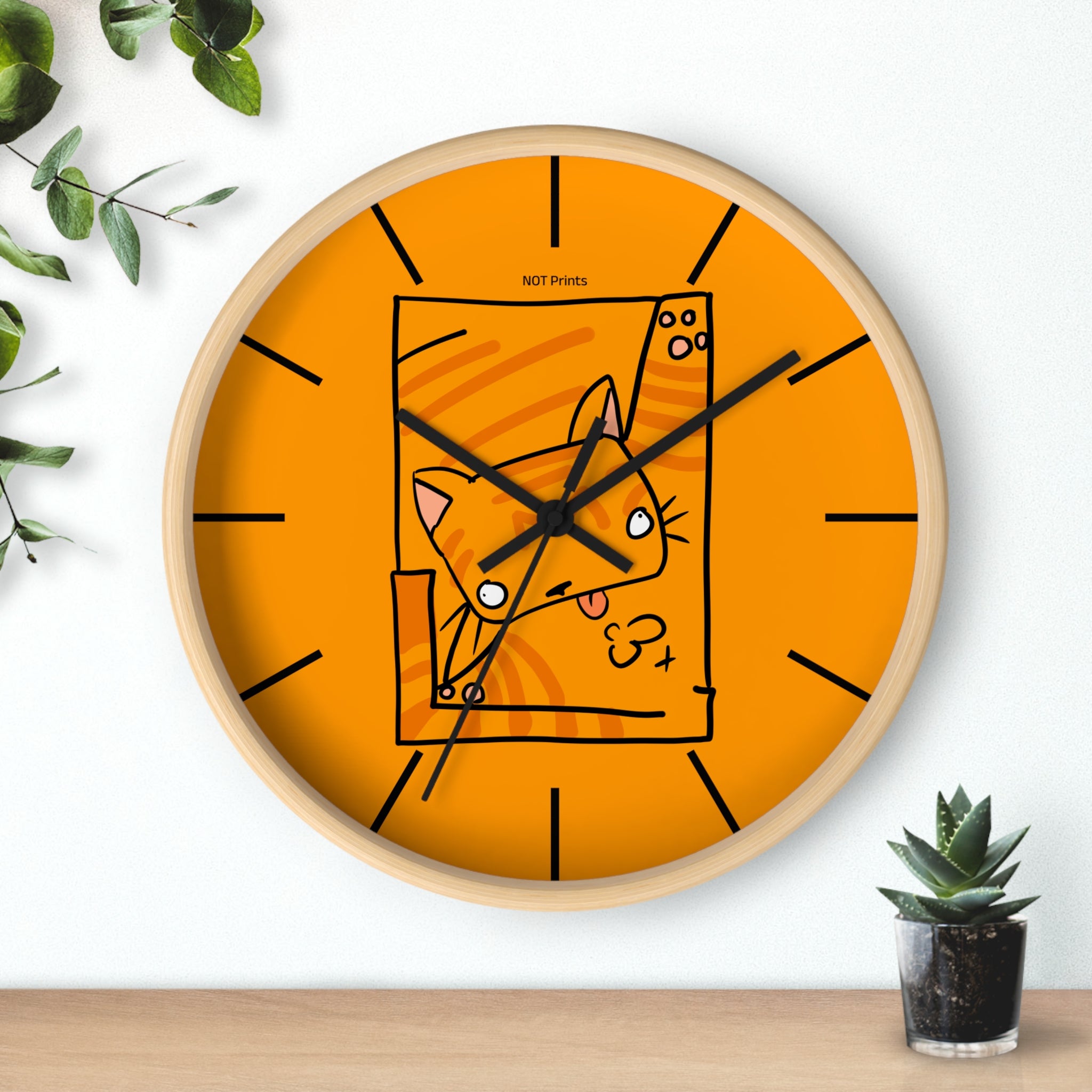Orange Cat Illustration Wall Clock — Playful Feline Art Clock