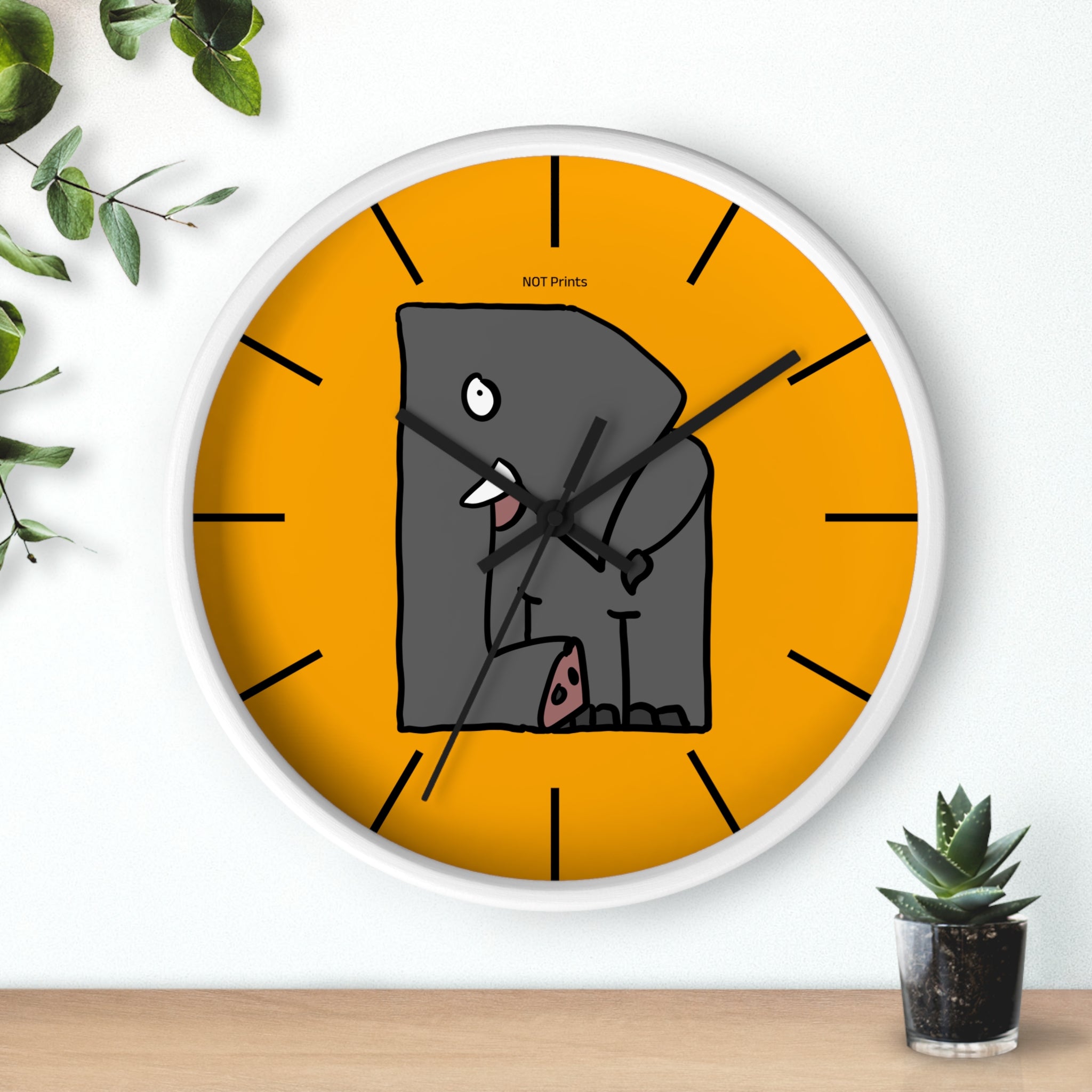 Elephant Cartoon Wall Clock — Cute Orange Nursery Clock with Playful Elephant Design