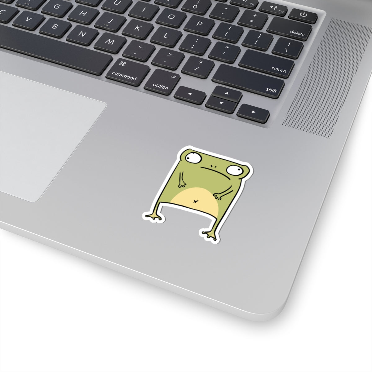 Grumpy Green Frog Kiss-Cut Sticker — Cute Funny Laptop Decal
