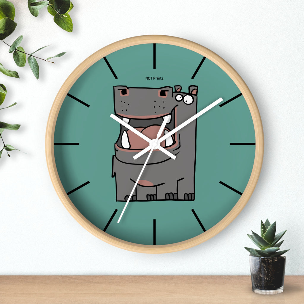 Hippo Cartoon Wall Clock — Cute Teal Nursery Clock