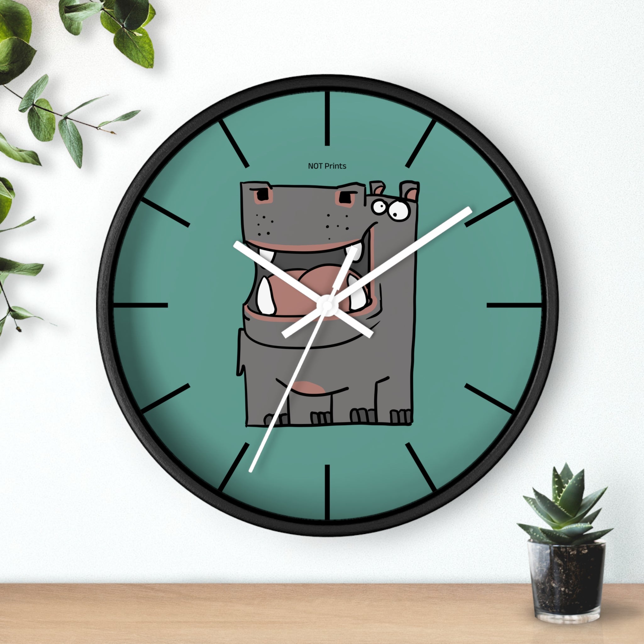Hippo Cartoon Wall Clock — Cute Teal Nursery Clock