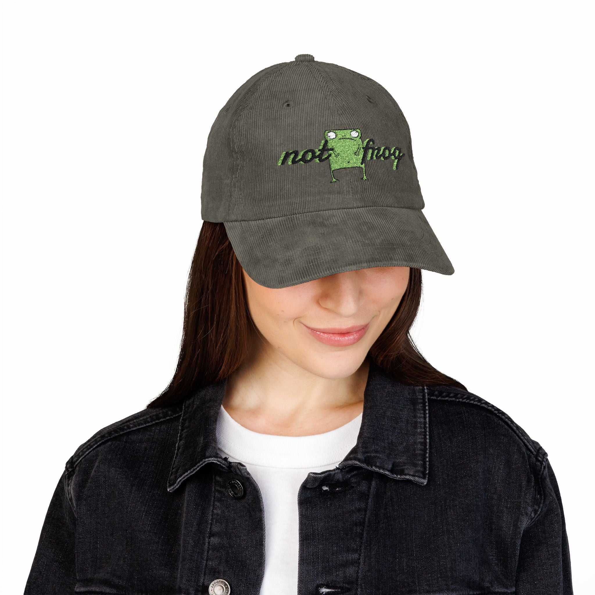 Vintage Corduroy Cap - Embroidered 'Not Frog' Green Frog Graphic