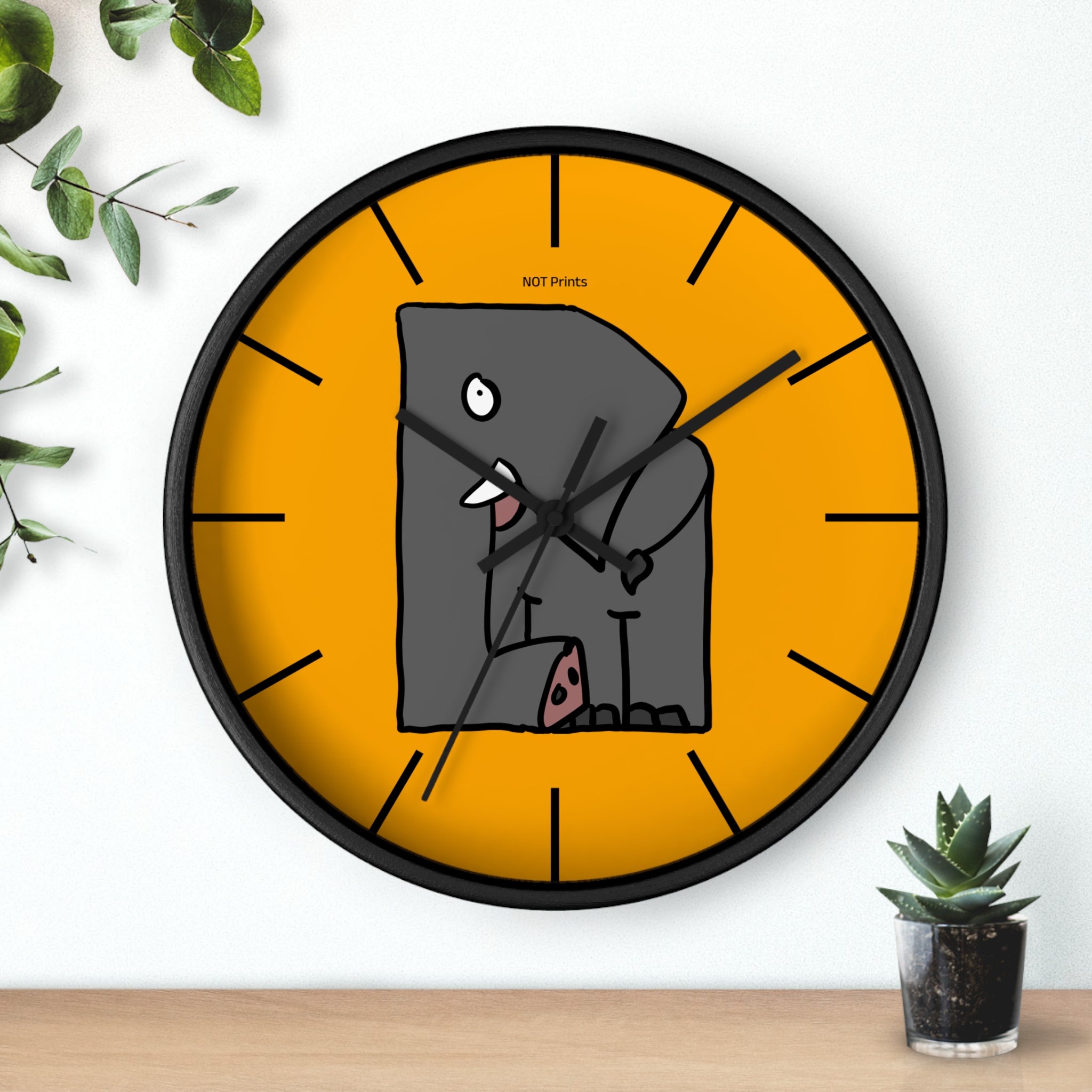 Elephant Cartoon Wall Clock — Cute Orange Nursery Clock with Playful Elephant Design