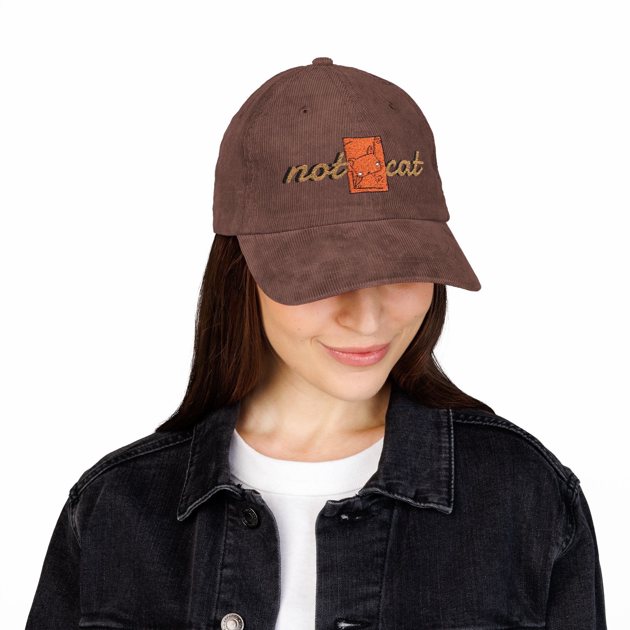 Vintage Corduroy Embroidered Cap — 'Not Cat' Retro Baseball Hat