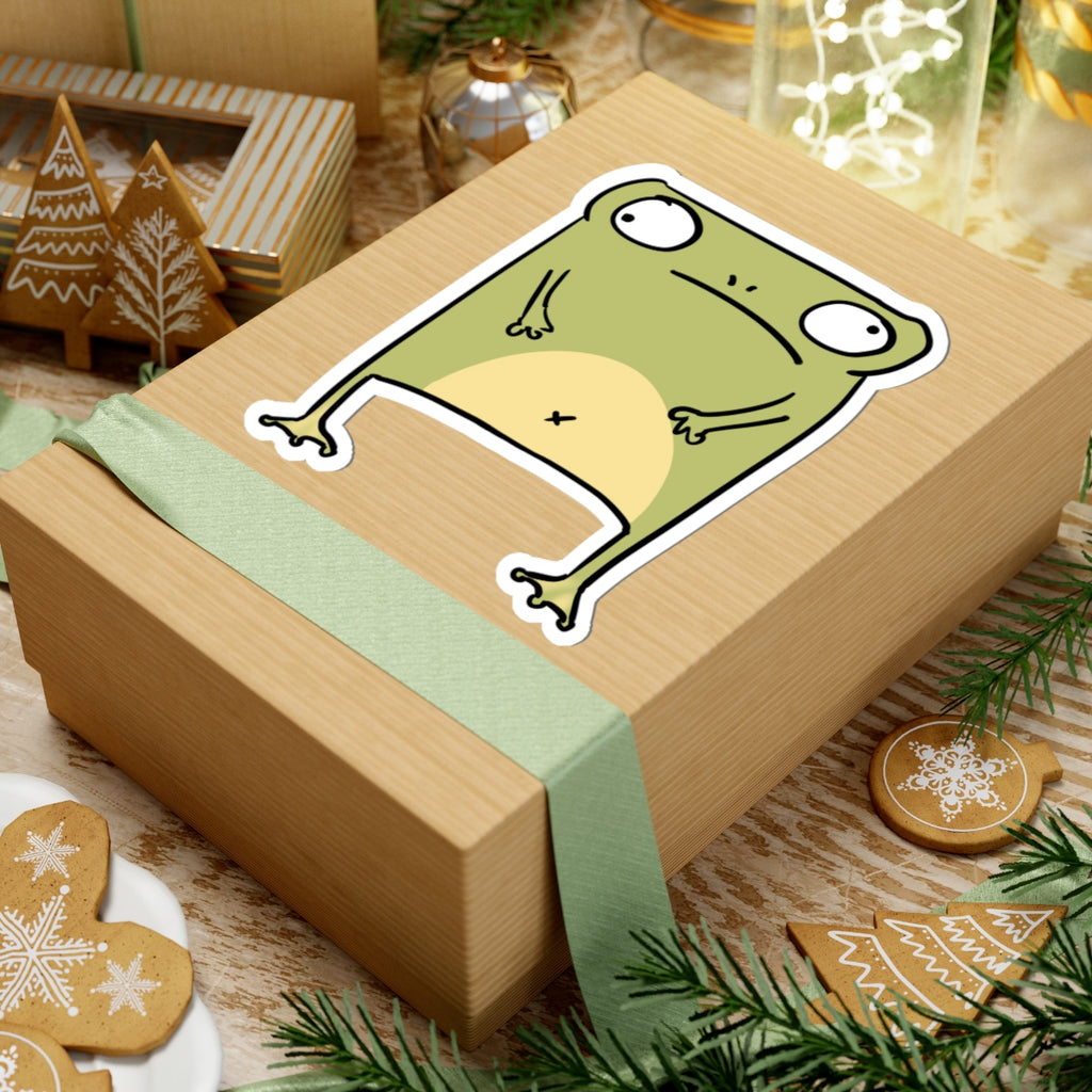 Grumpy Green Frog Kiss-Cut Sticker — Cute Funny Laptop Decal