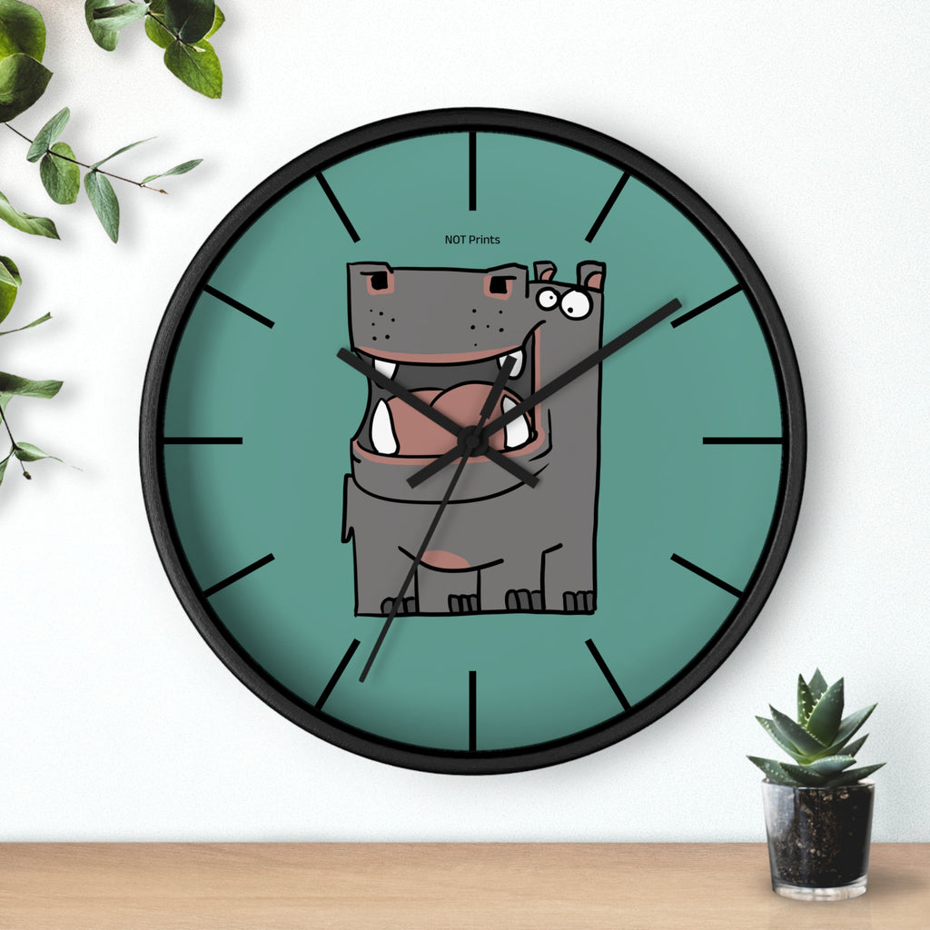 Hippo Cartoon Wall Clock — Cute Teal Nursery Clock