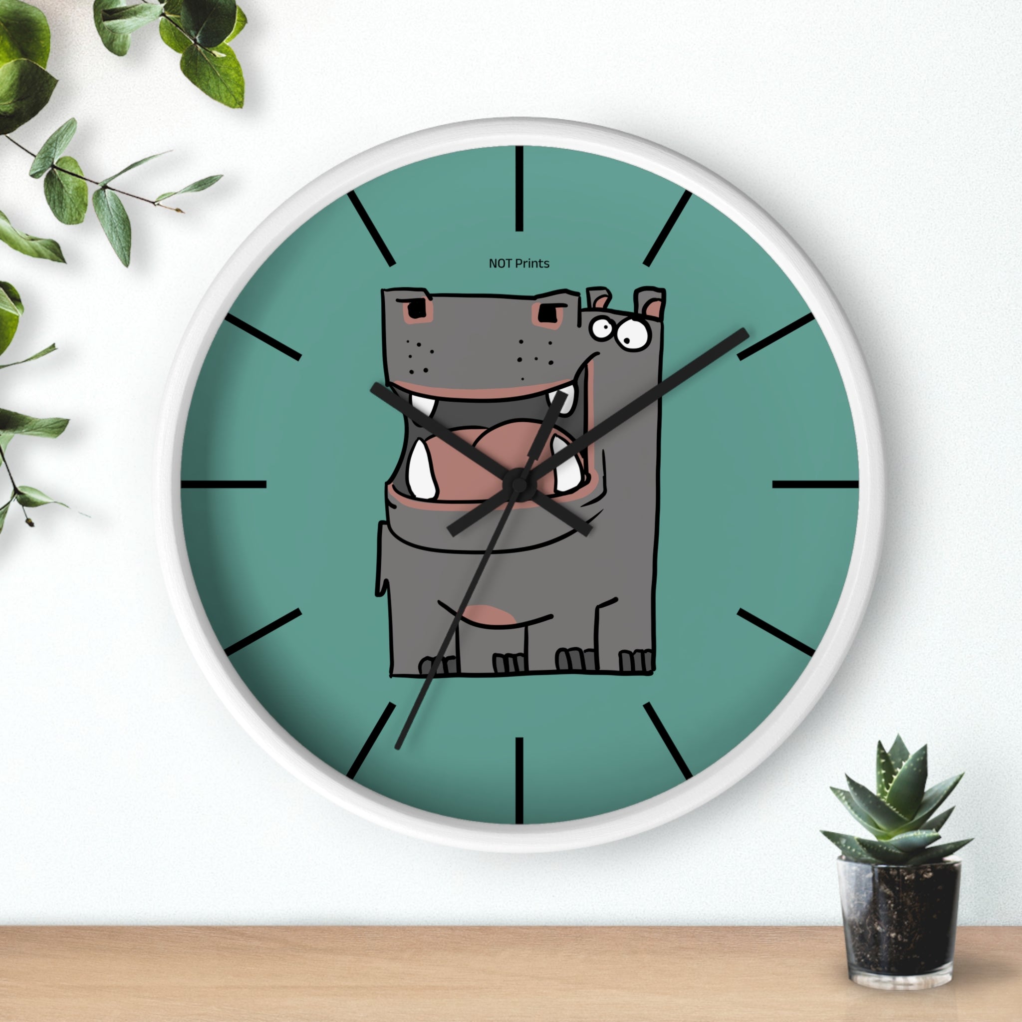 Hippo Cartoon Wall Clock — Cute Teal Nursery Clock