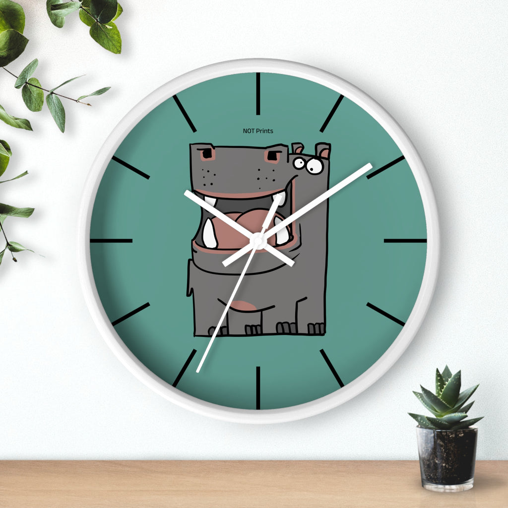 Hippo Cartoon Wall Clock — Cute Teal Nursery Clock