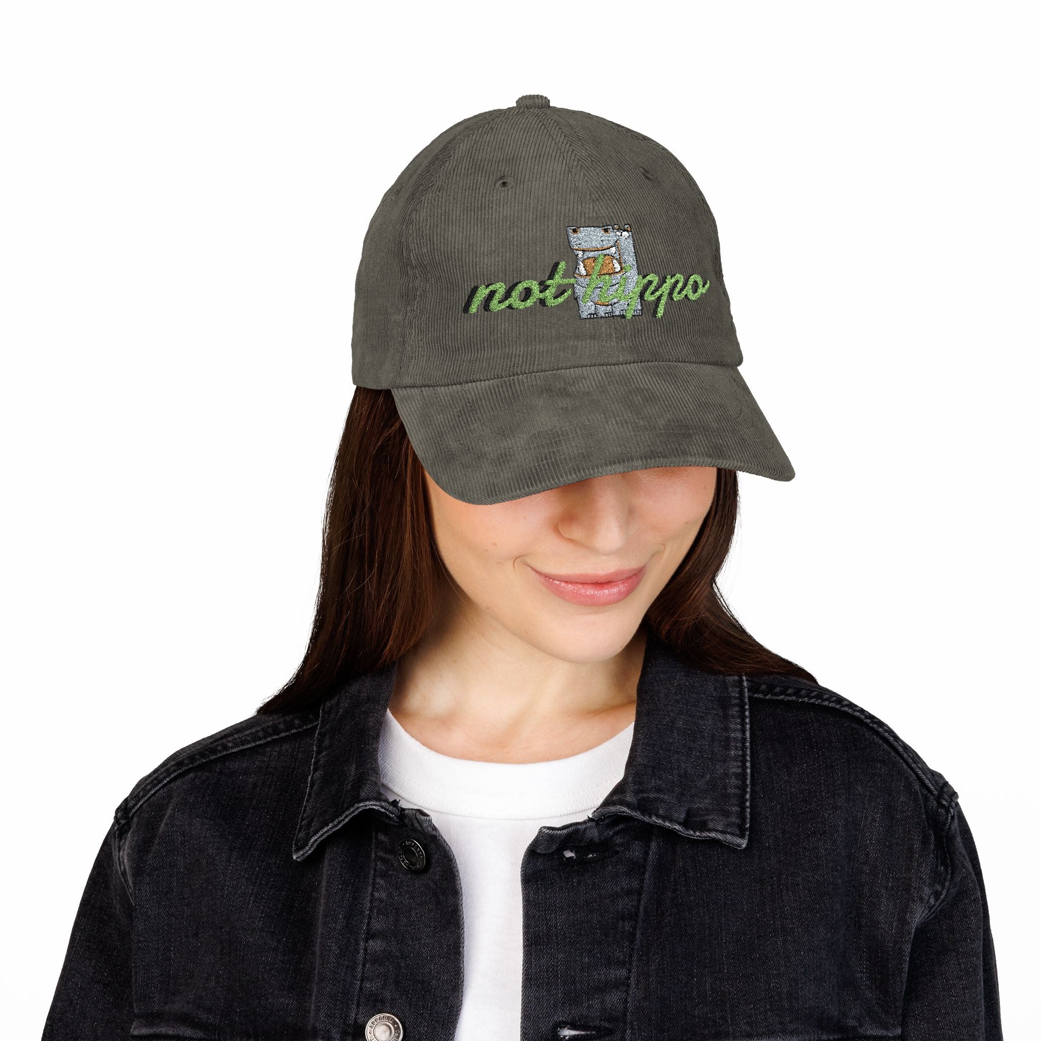 Vintage Corduroy Cap — Embroidered "Not Hippo" Floral Patch
