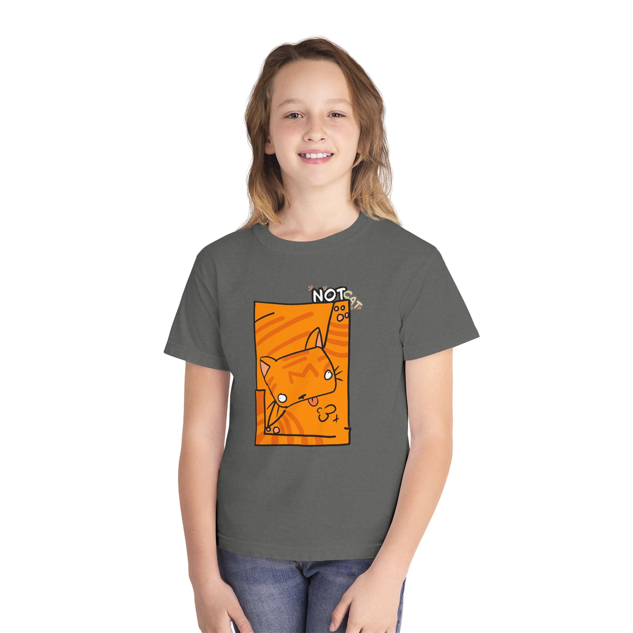 Orange Cat Youth Tee – Cute Cartoon Cat Graphic Shirt for Kids | Funny Not Cat Animal Cotton T-Shirt