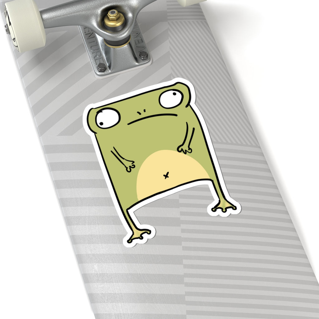Grumpy Green Frog Kiss-Cut Sticker — Cute Funny Laptop Decal