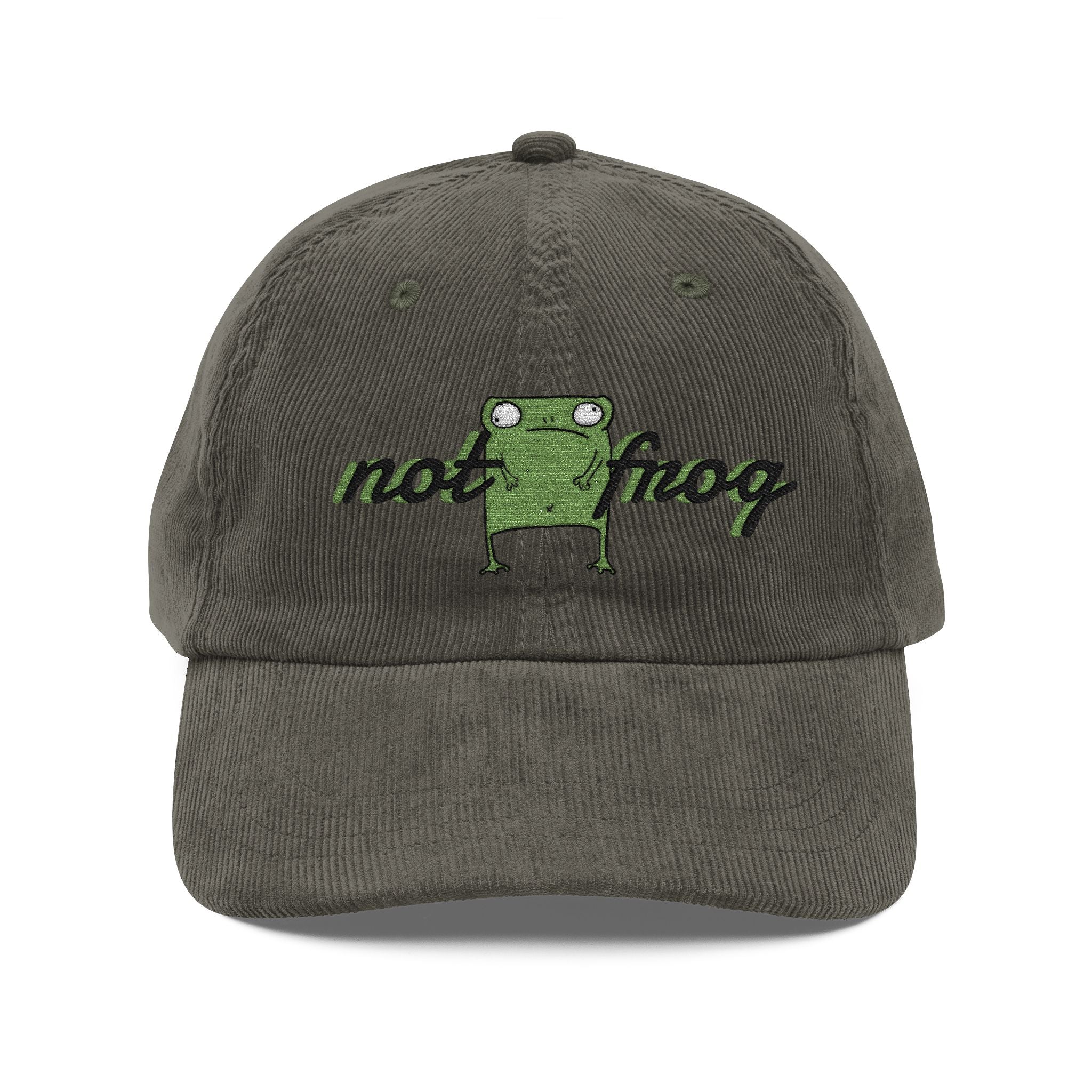 Vintage Corduroy Cap - Embroidered 'Not Frog' Green Frog Graphic