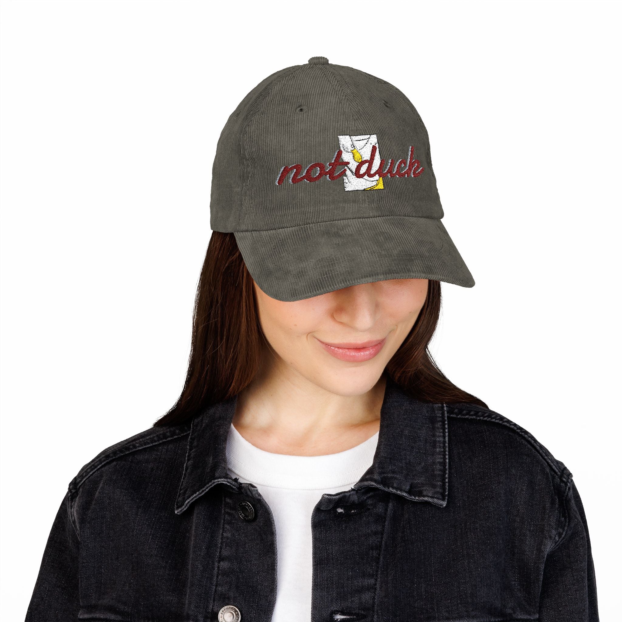Vintage Corduroy Cap — Embroidered Daisy Patch "NOT Duck"