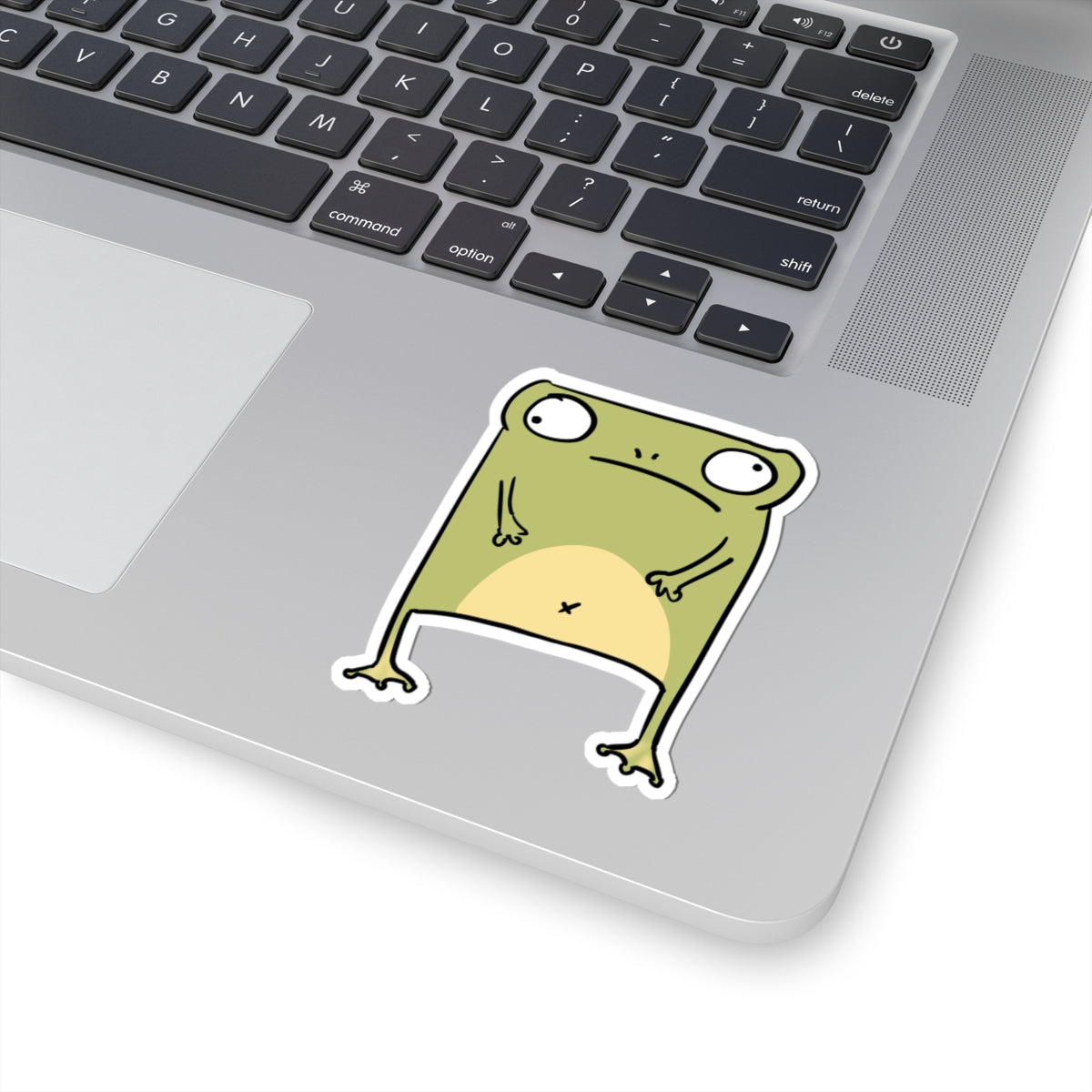 Grumpy Green Frog Kiss-Cut Sticker — Cute Funny Laptop Decal