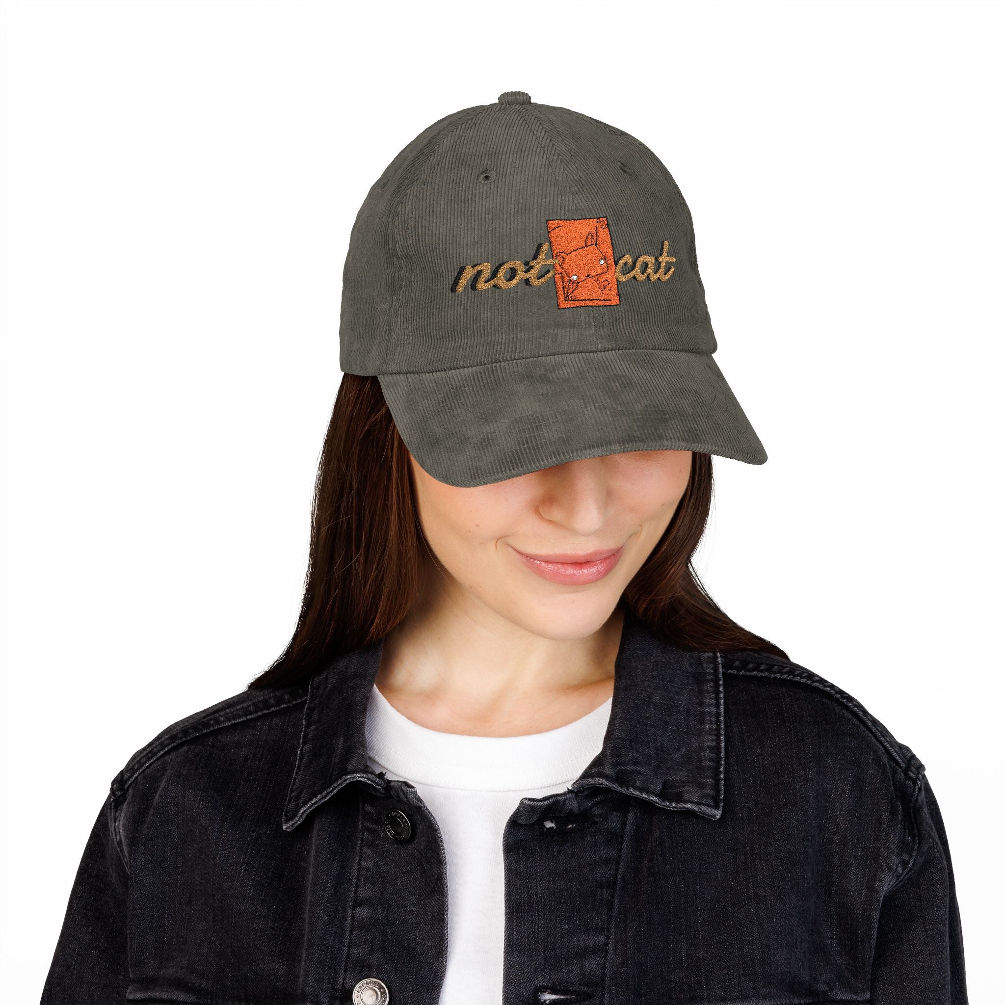 Vintage Corduroy Embroidered Cap — 'Not Cat' Retro Baseball Hat