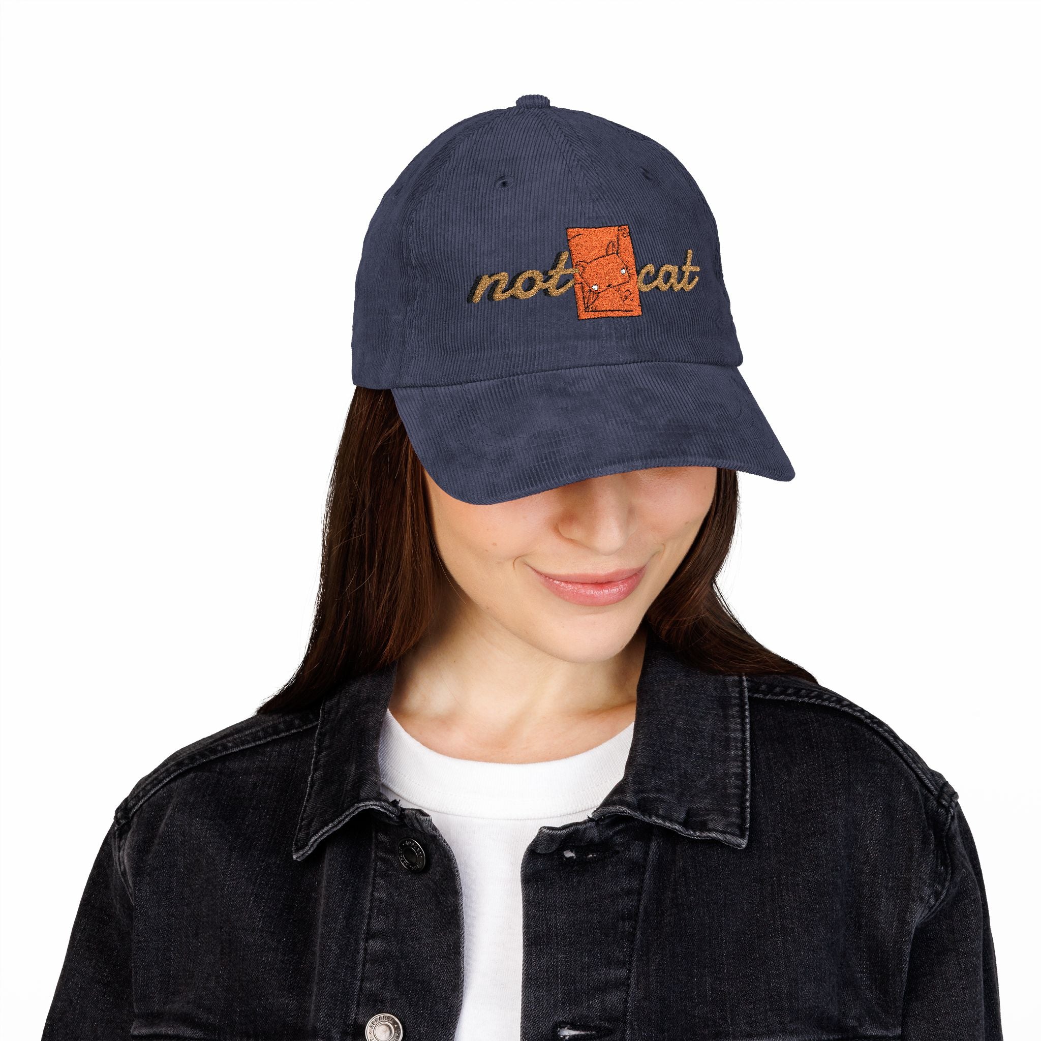 Vintage Corduroy Embroidered Cap — 'Not Cat' Retro Baseball Hat