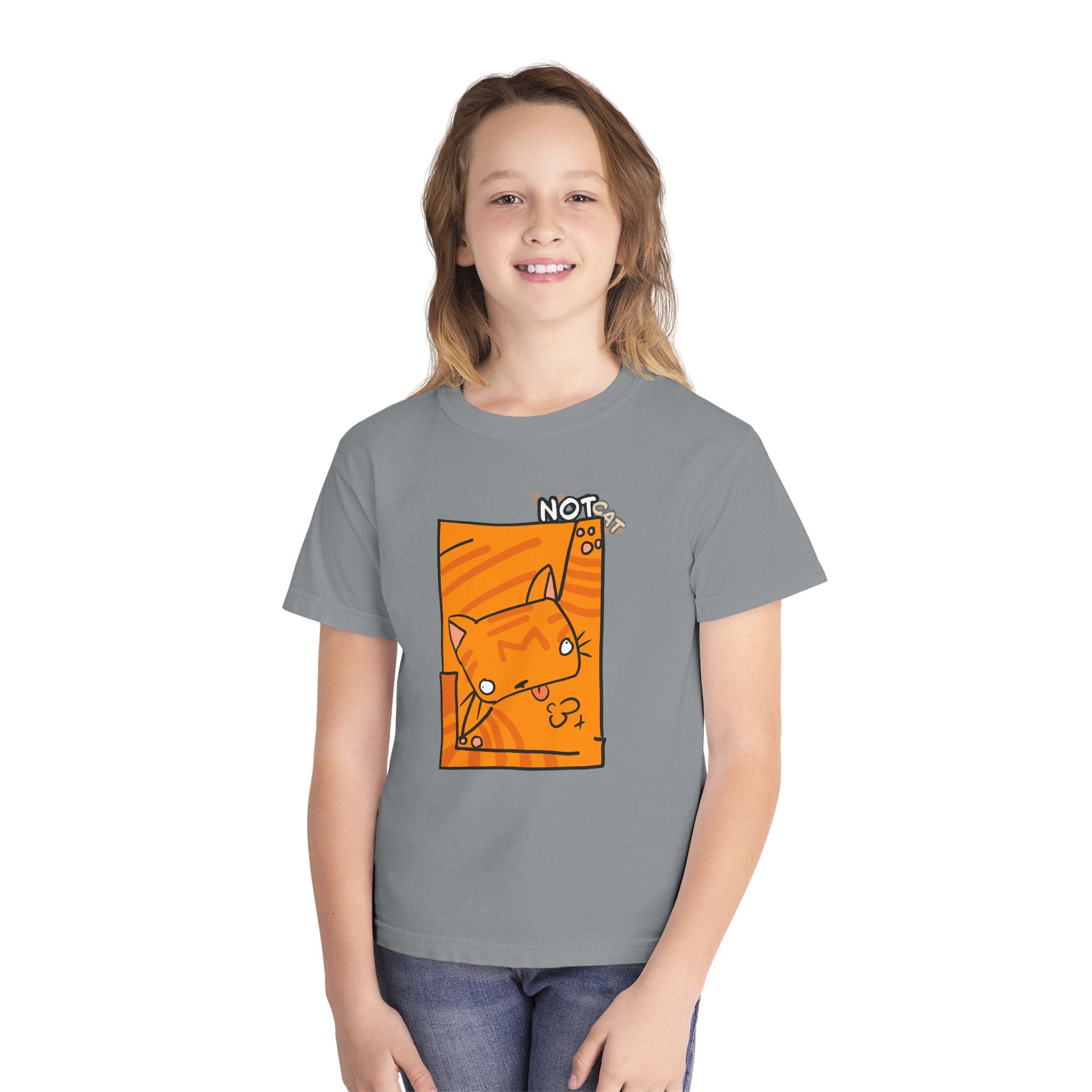 Orange Cat Youth Tee – Cute Cartoon Cat Graphic Shirt for Kids | Funny Not Cat Animal Cotton T-Shirt