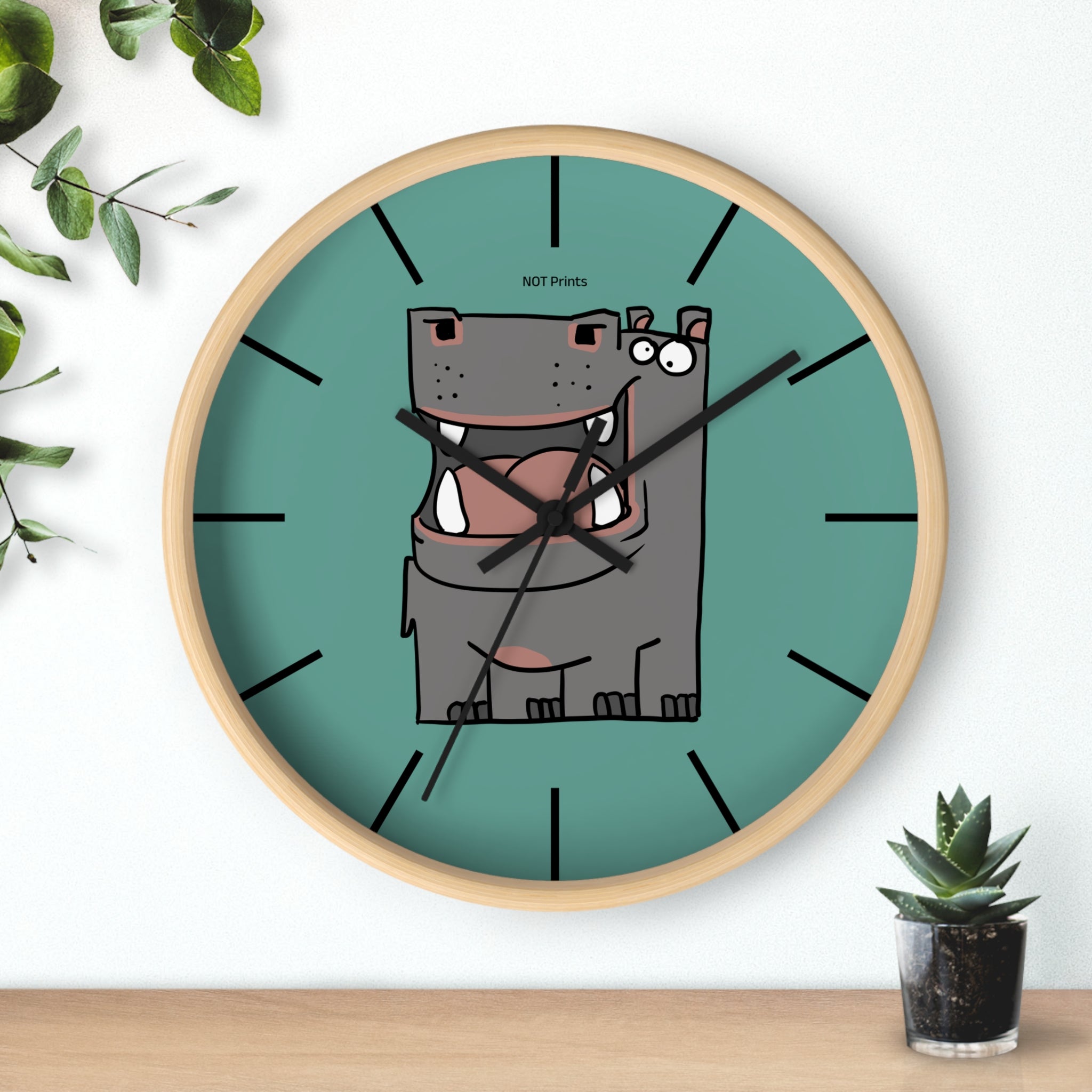 Hippo Cartoon Wall Clock — Cute Teal Nursery Clock