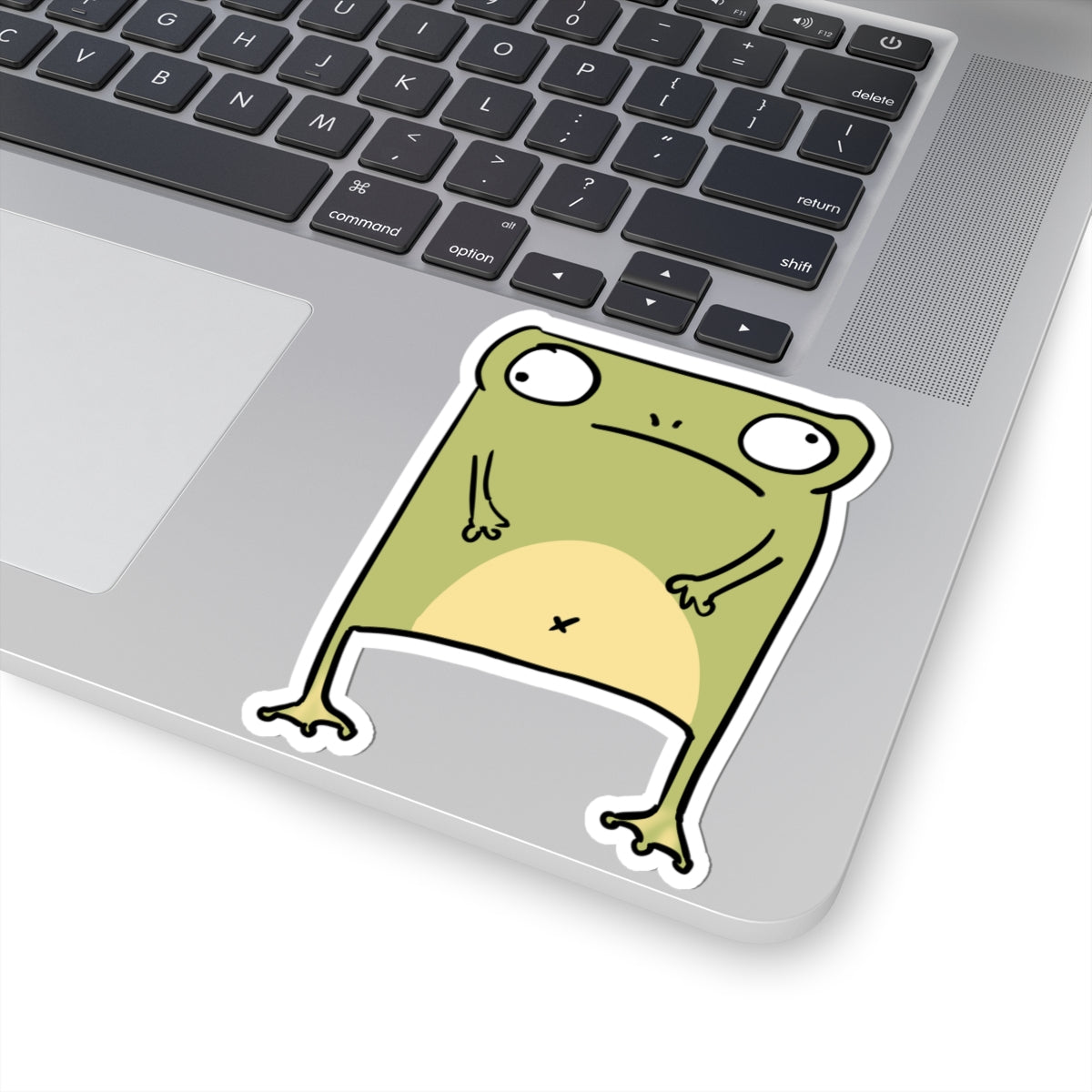 Grumpy Green Frog Kiss-Cut Sticker — Cute Funny Laptop Decal