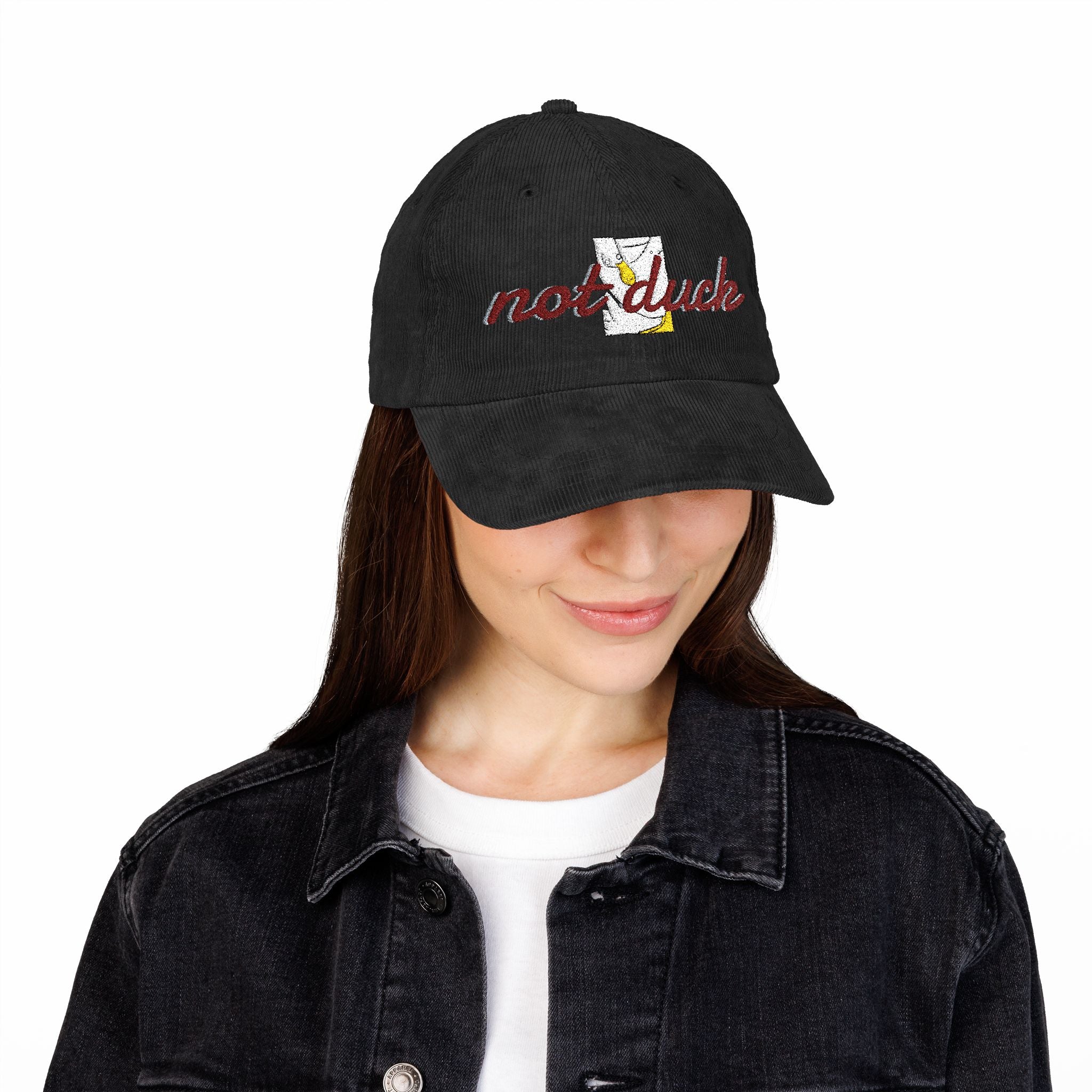 Vintage Corduroy Cap — Embroidered Daisy Patch "NOT Duck"